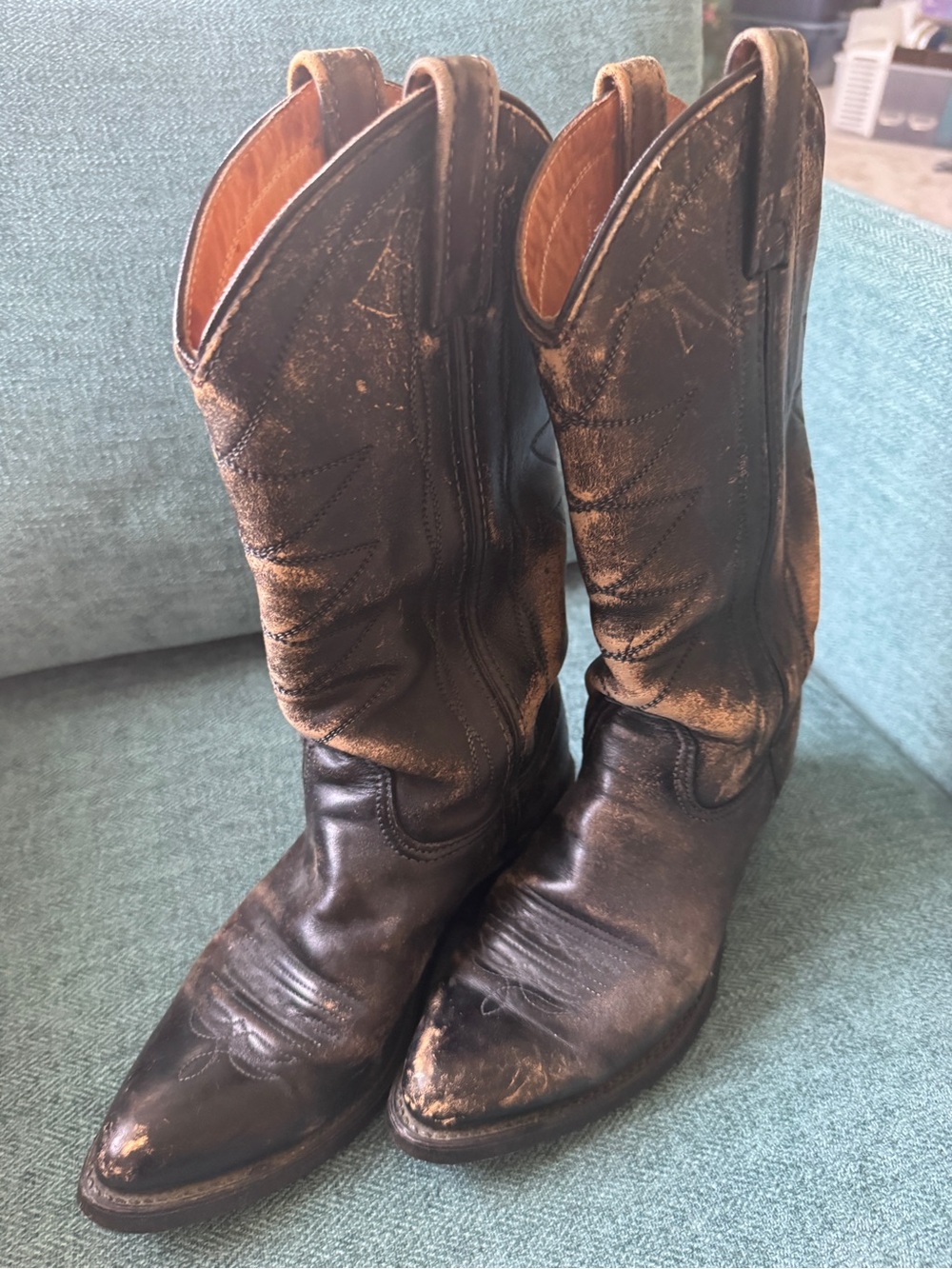 Double H Black Distressed Leather Pull-On Cowboy Boot with Tan Interior